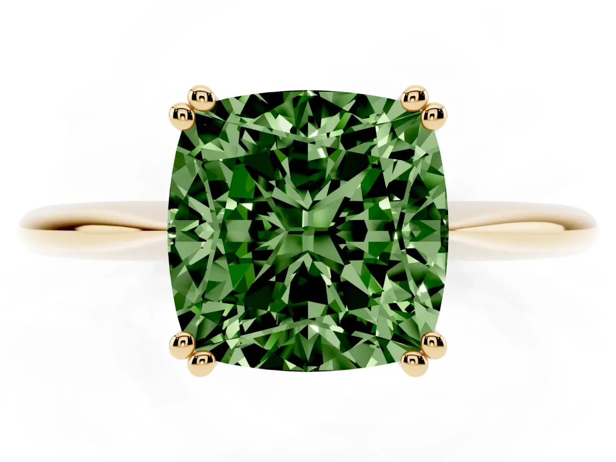 Fancy Green Cushion Cut Solitaire Diamond Ring with Six-Prong Setting and Classic Band Yellow gold