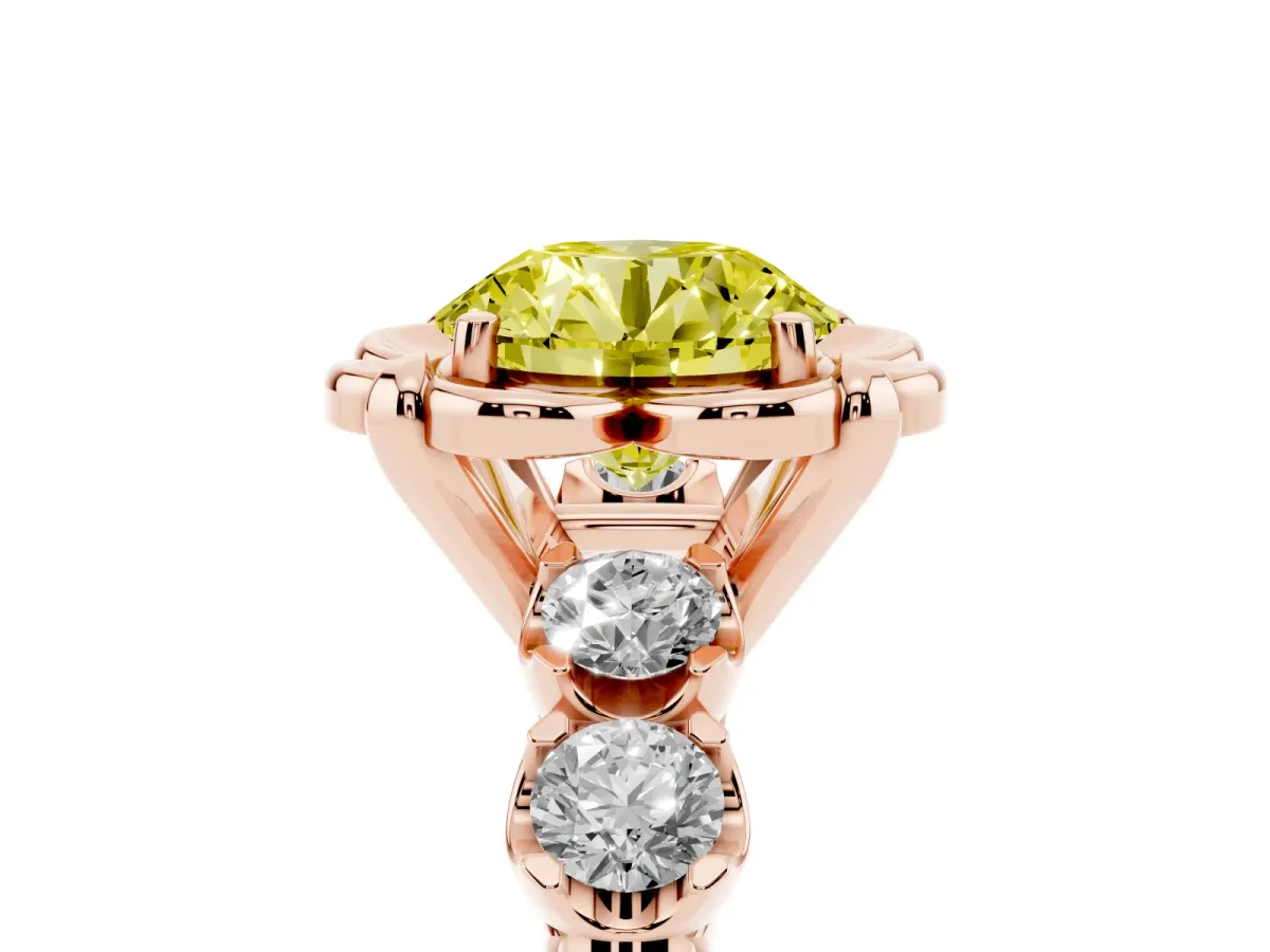 Fancy Yellow Round Cut Cut Diamond Floral Halo Engagement Ring with Shared Prong Setting Rose gold