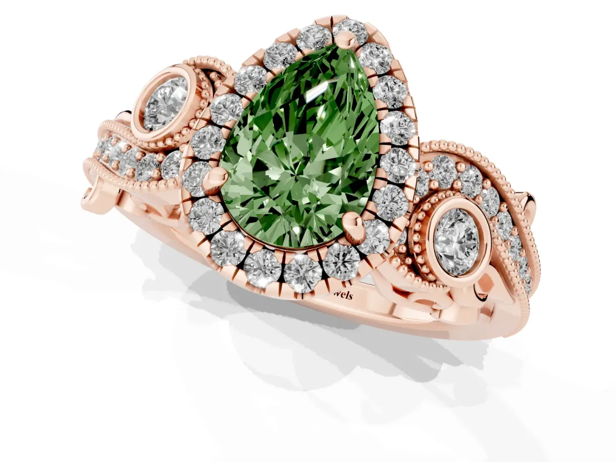Fancy Green Pear Cut Diamond Halo Ring with Milgrain Pavé Band and Four-Prong Setting Rose gold