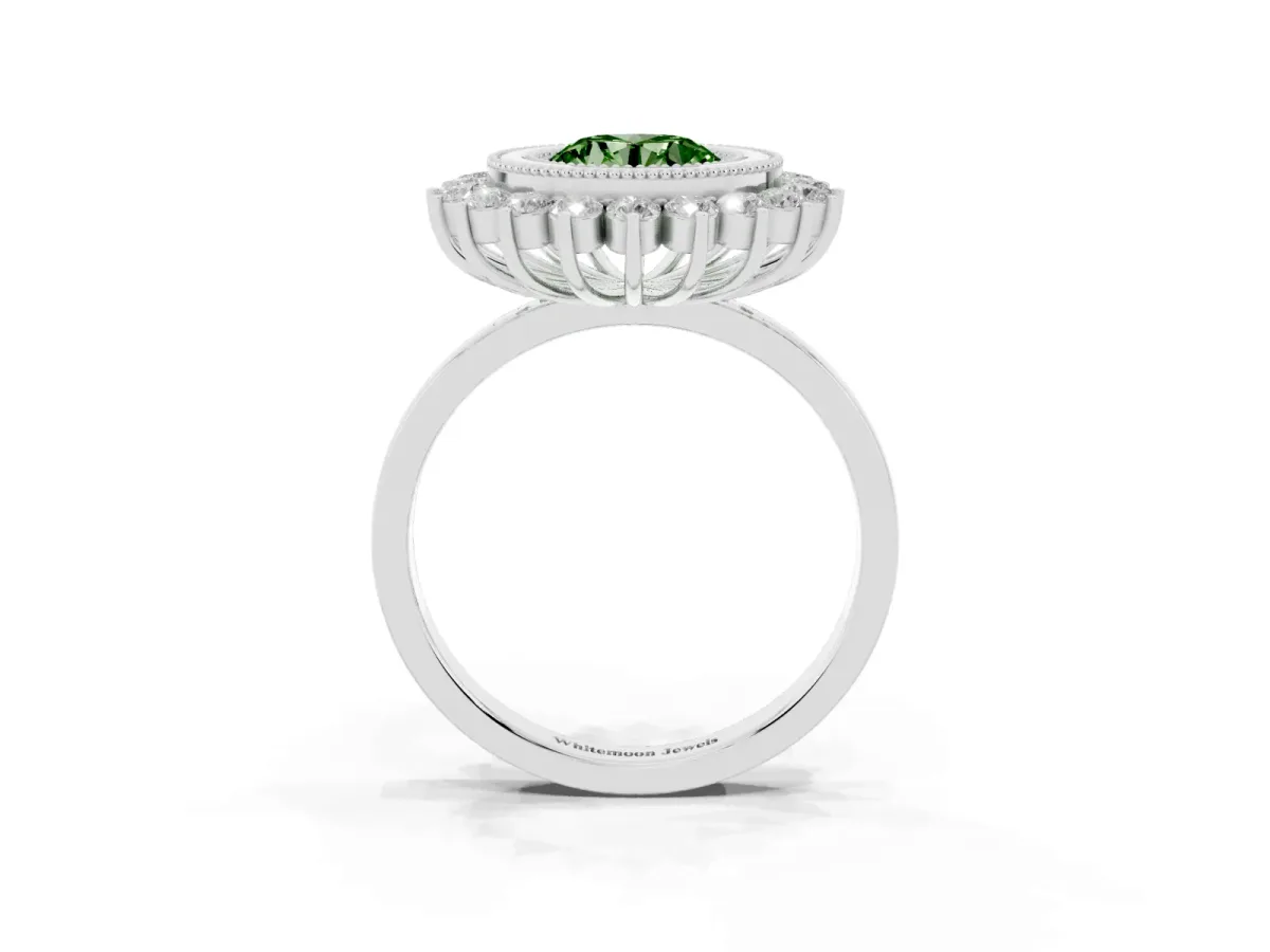 Fancy Green Round Cut Halo Diamond Ring with Milgrain Edge and Round Prong Setting Silver