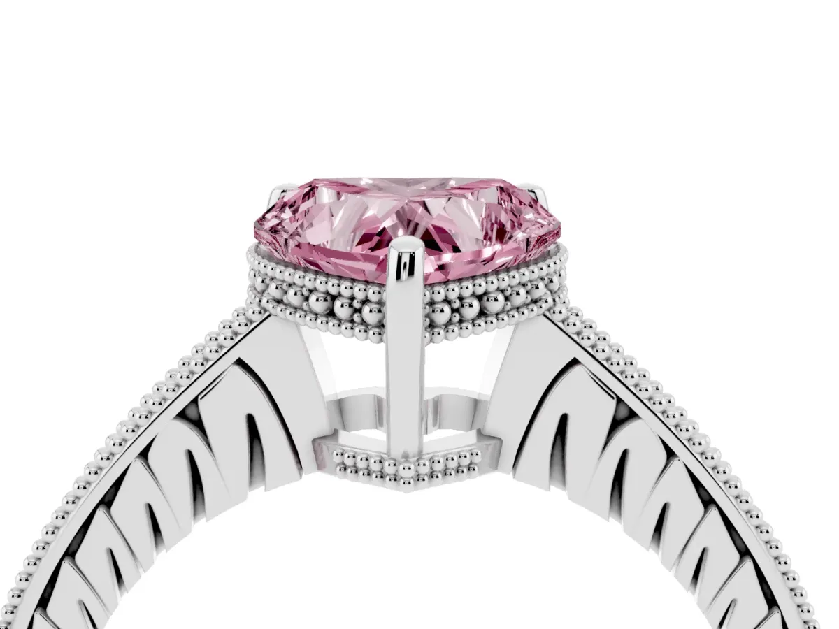 Fancy Pink Heart Cut Solitaire Pavé Diamond Milgrain Engagement Ring with Four-Prong Setting Silver