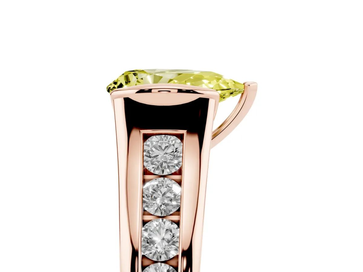 Fancy Yellow Pear Cut Solitaire Bezel-Set Diamond Ring with Channel-Set Band Rose gold