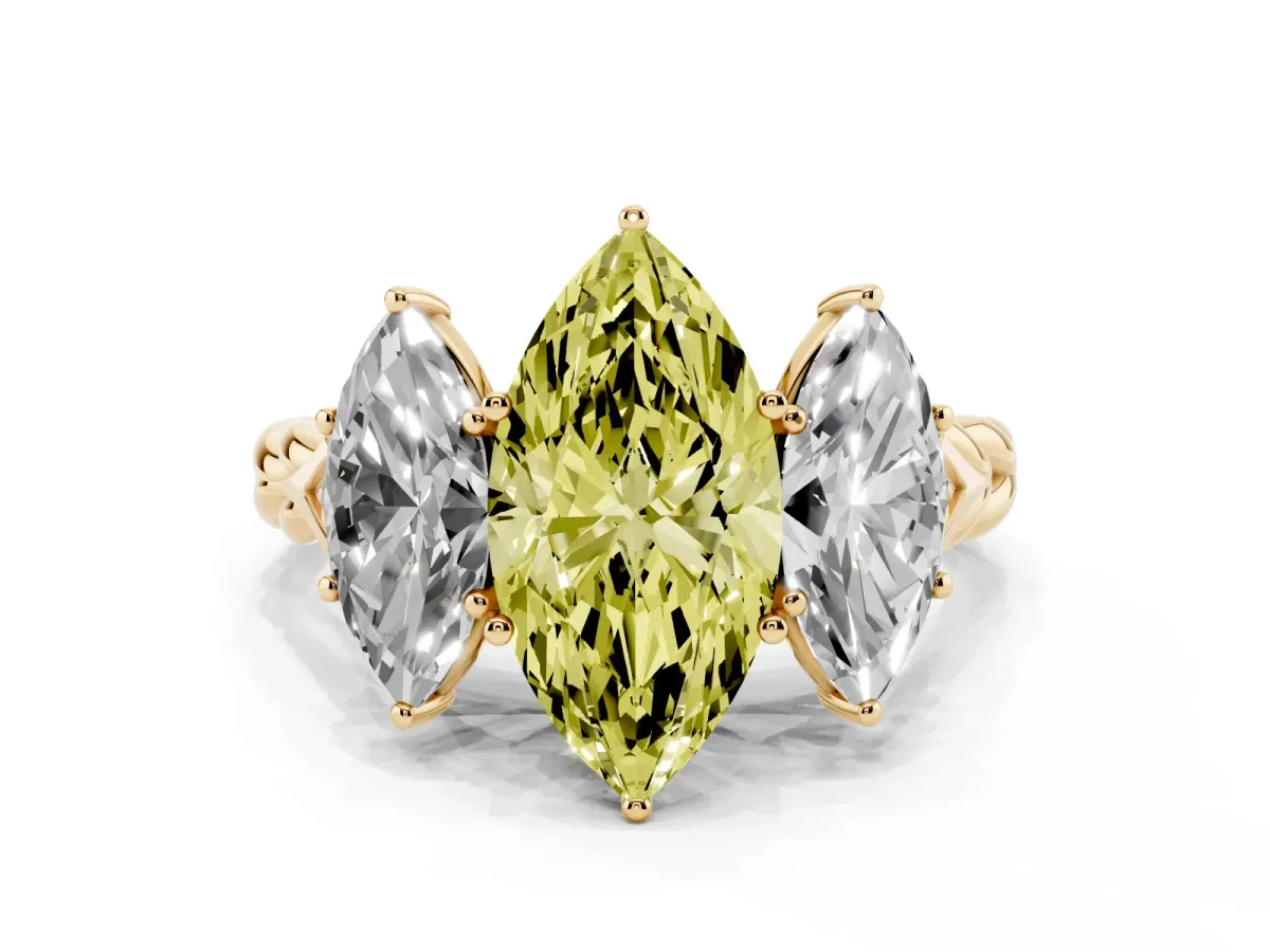 Fancy Yellow Three-Stone Marquise Cut Diamond Braided Band Ring with Four-Prong Setting Yellow gold