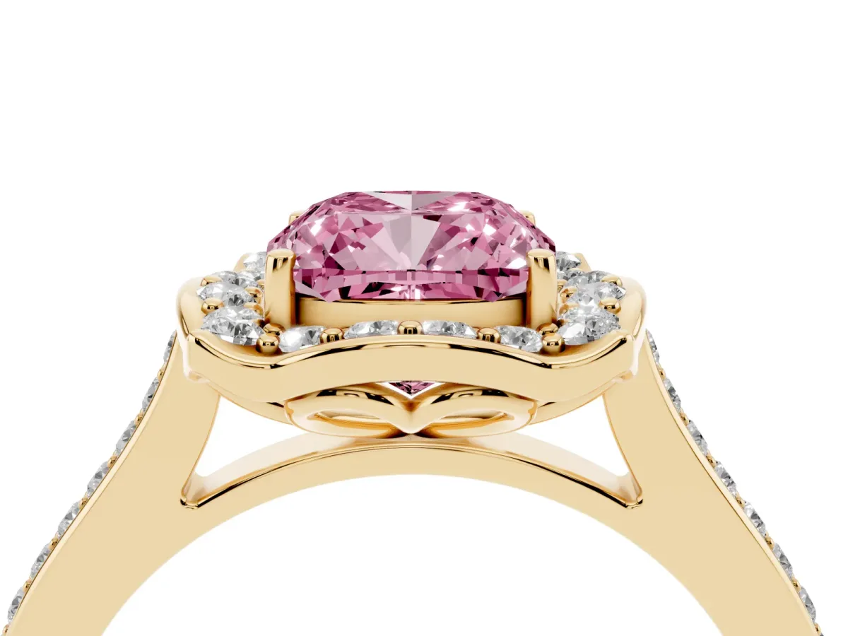 Fancy Pink Cushion Cut Halo Round Diamond Pave Band with Four-Prong Setting Yellow gold