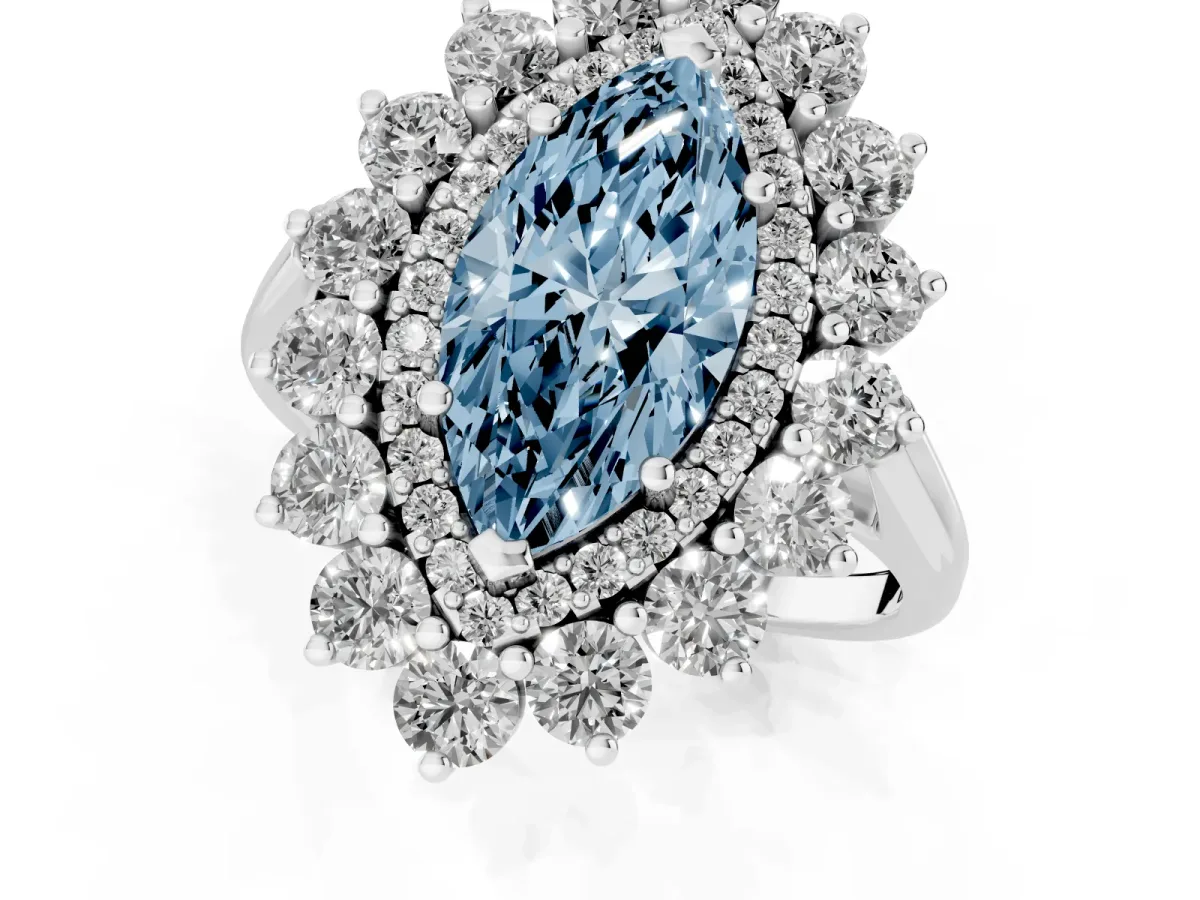 Fancy Blue Marquise Cut Diamond Floral Double Halo Engagement Ring with Prong Setting Platinum