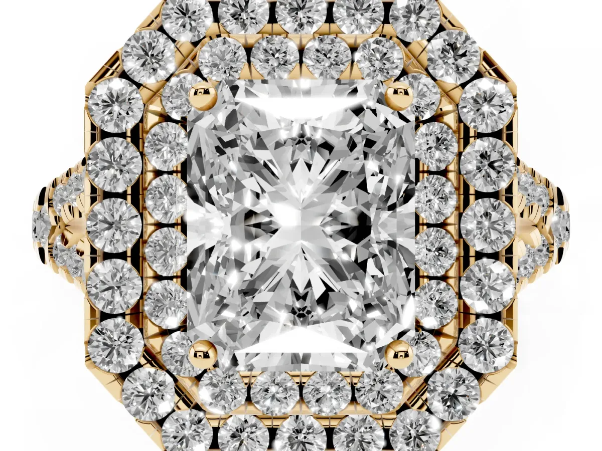 Double Halo Radiant Cut Diamond Pavé Split Shank Ring with Prong Setting Yellow gold