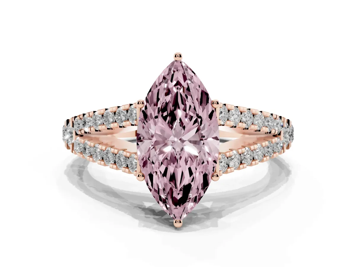 Fancy Pink Marquise Cut Diamond Split Shank Pavé Engagement Ring with Four-Prong Setting Rose gold
