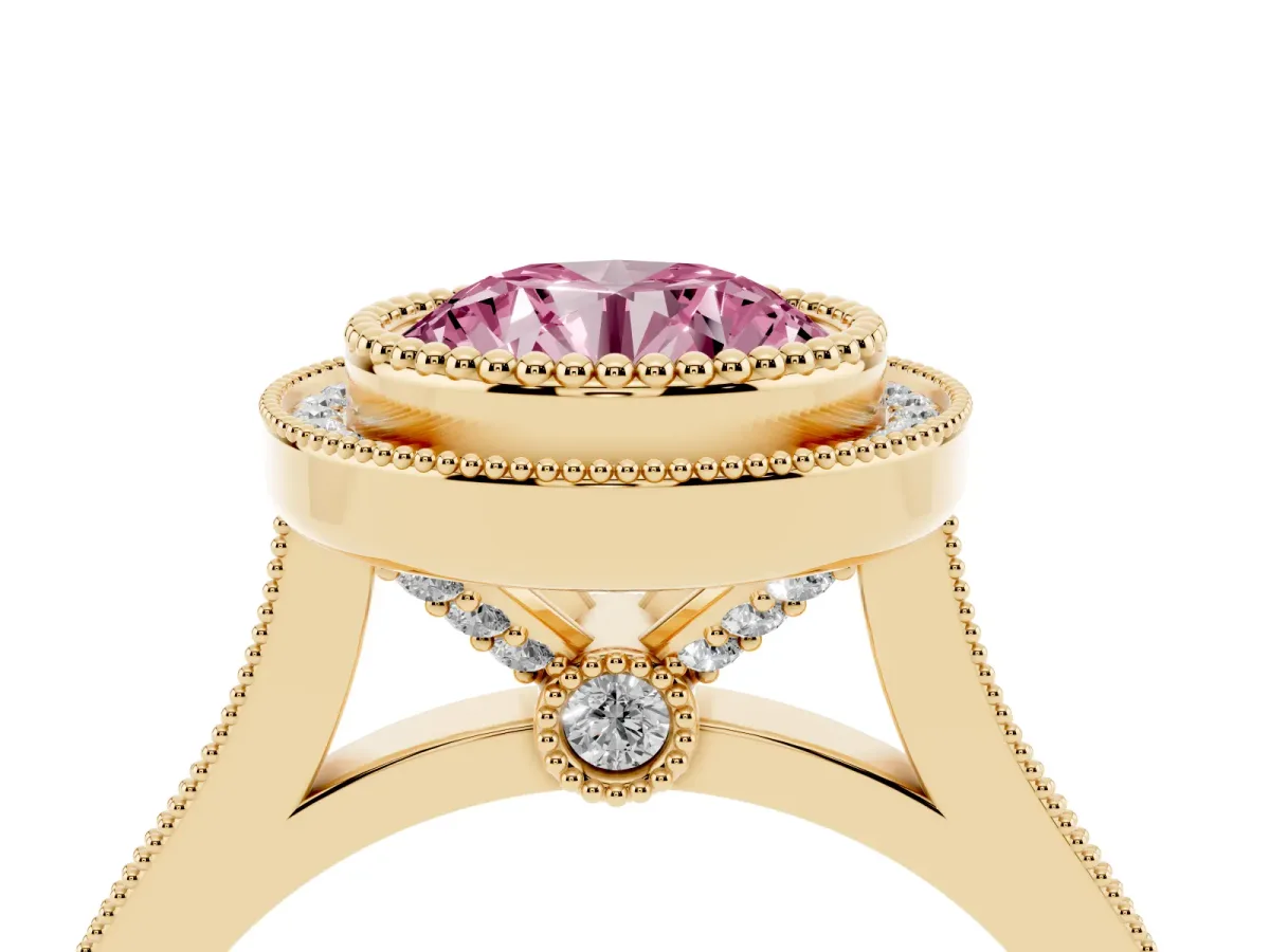 Fancy Pink Round Cut Diamond Halo Ring with Milgrain Frame and Pavé Band Yellow gold