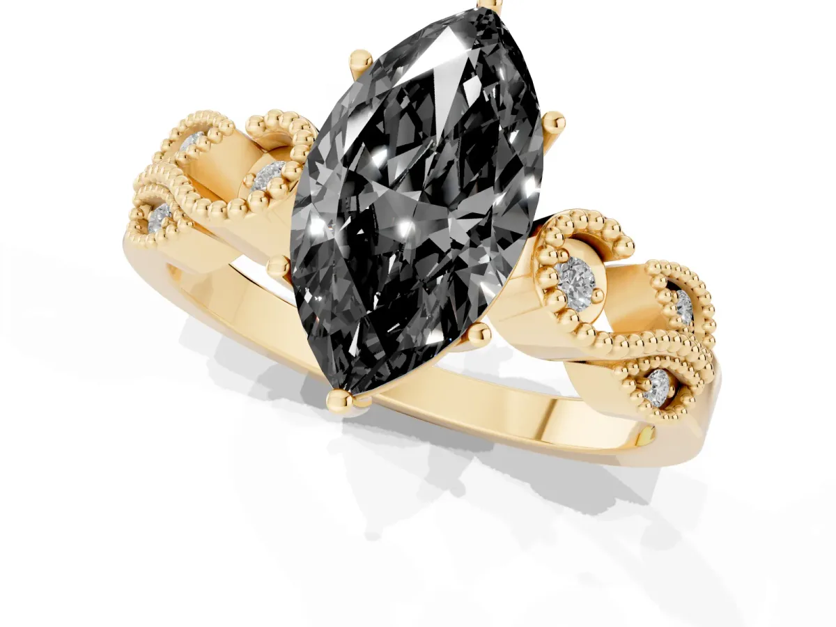 Fancy Black Marquise Cut Solitaire Milgrain Leaf Band with Prong Setting Yellow gold