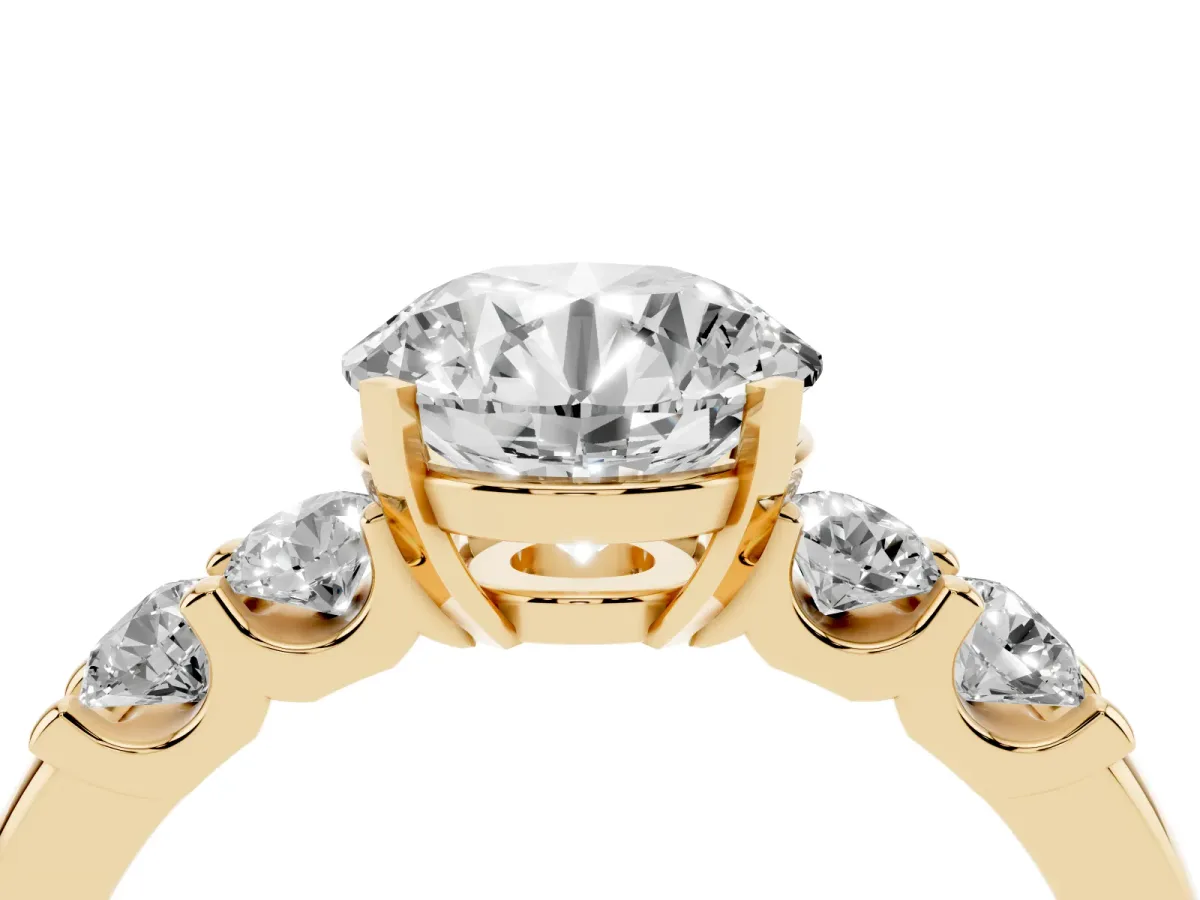 Round Cut Brilliant Cut Diamond Five-Stone Prong Set Engagement Ring with Channel Band Yellow gold