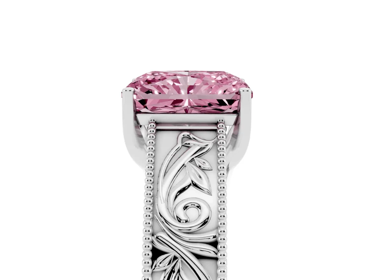 Fancy Pink Radiant Cut Diamond Solitaire Ring with Engraved Band and Four-Prong Setting White gold