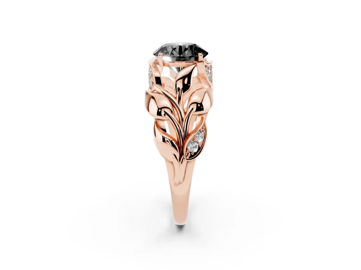 Fancy Black Round Cut Diamond Leaf-Inspired Engagement Ring with Round Accents and Prong Setting Rose gold