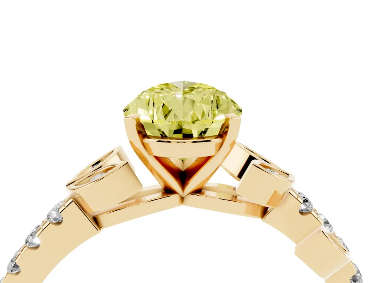 Fancy Yellow Pear Cut Solitaire Leaf-Inspired Diamond Ring with Pavé Band and Four-Prong Setting Yellow gold