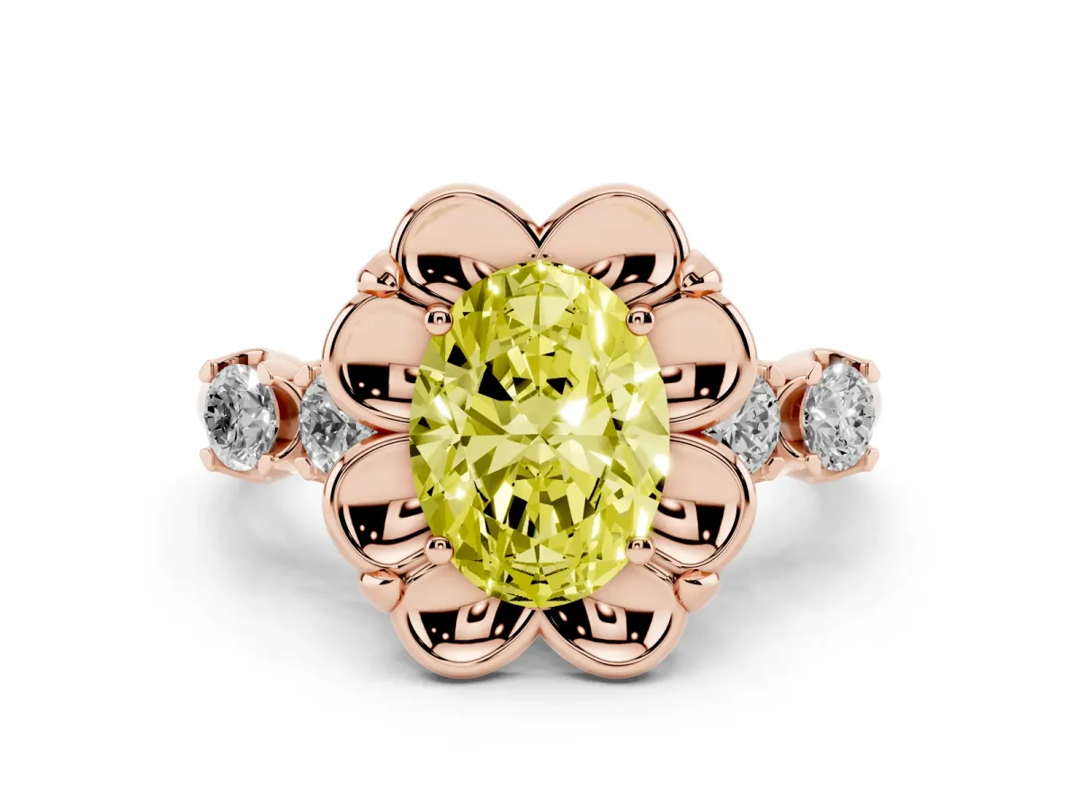 Fancy Yellow Oval Cut Cut Diamond Floral Halo Engagement Ring with Shared Prong Setting Rose gold