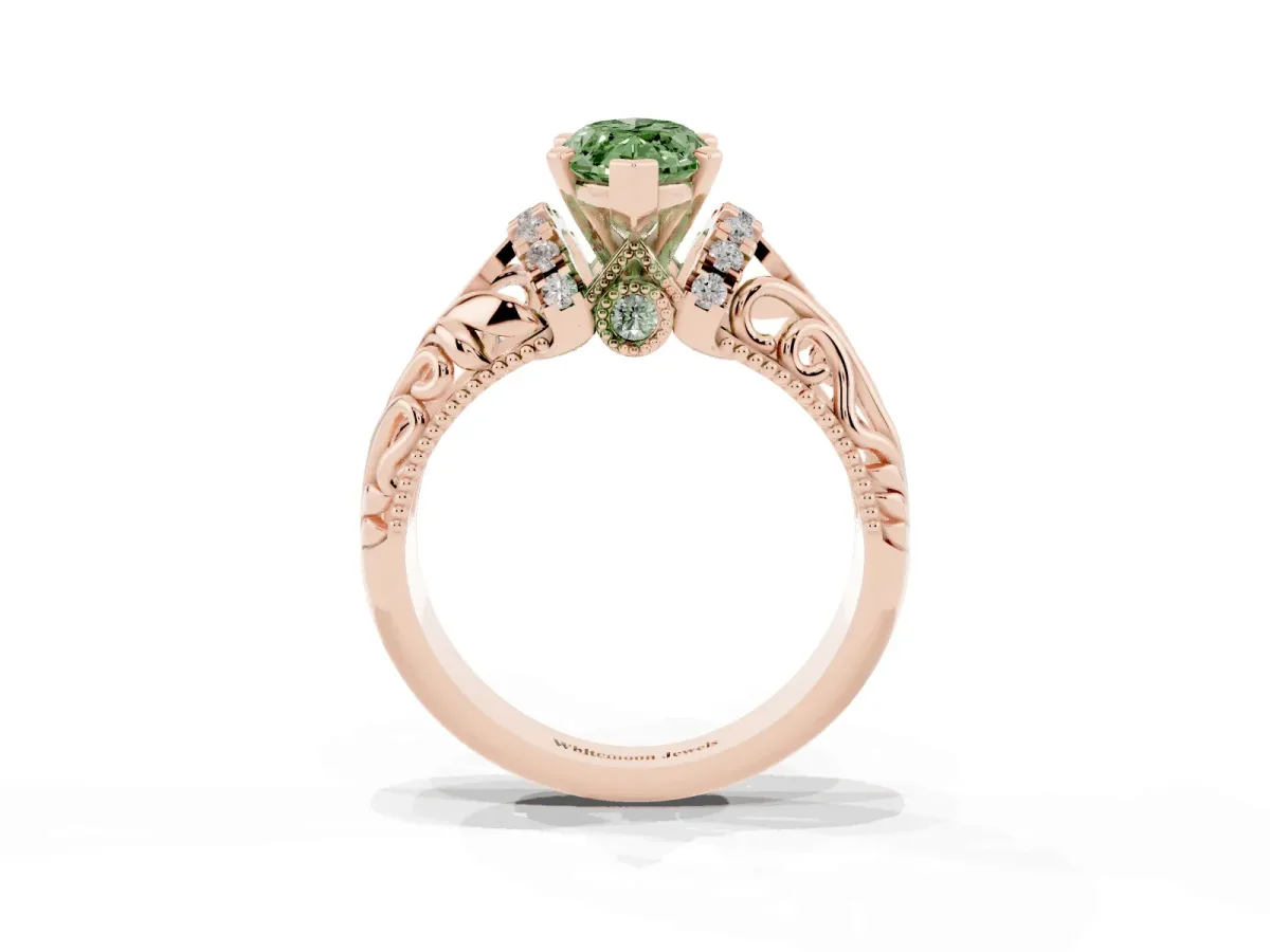Fancy Green Marquise Cut Solitaire Filigree Engagement Ring with Halo and Prong Setting Rose gold