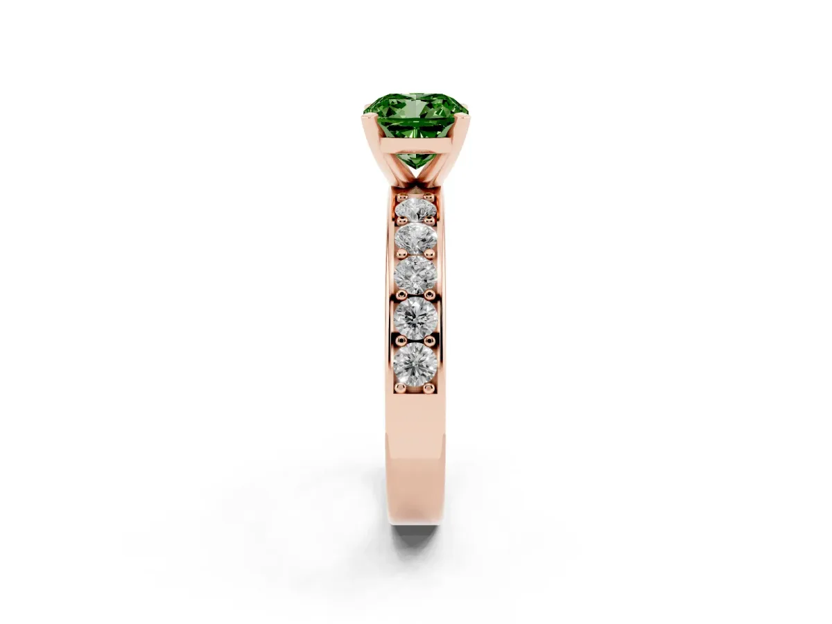 Fancy Green Cushion Cut Diamond Engagement Ring with Channel Set Round Band and Prong Setting Rose gold