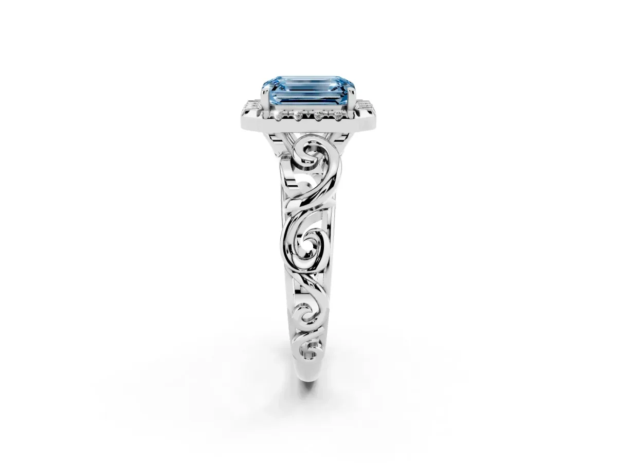Fancy Blue Emerald Cut Cut Halo Diamond Ring with Scrollwork Band and Four-Prong Setting Silver