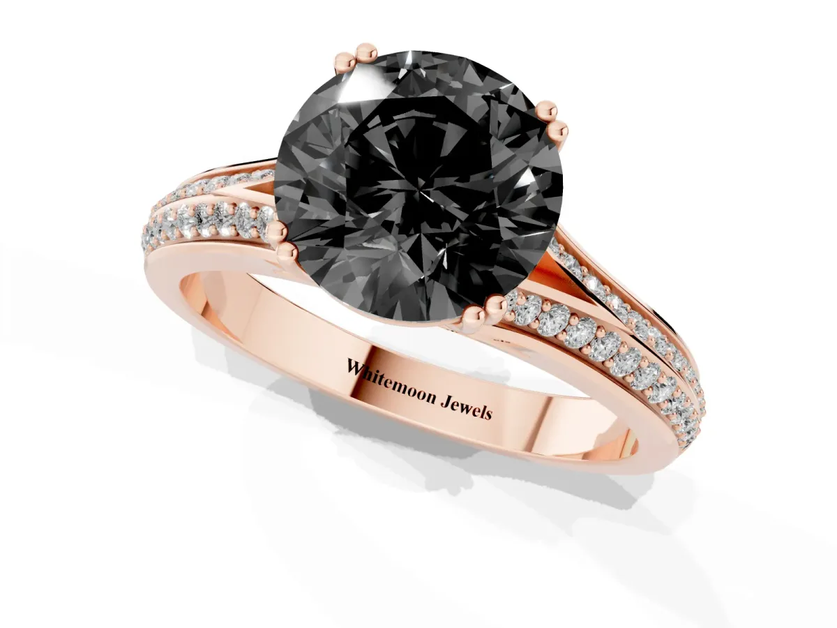 Fancy Black Round Cut Diamond Split Shank Engagement Ring with Pavé Band Rose gold