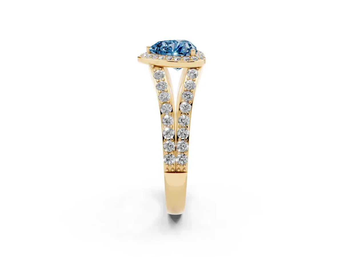 Fancy Blue Heart Cut Diamond Split Shank Halo Ring with Four-Prong Setting Yellow gold