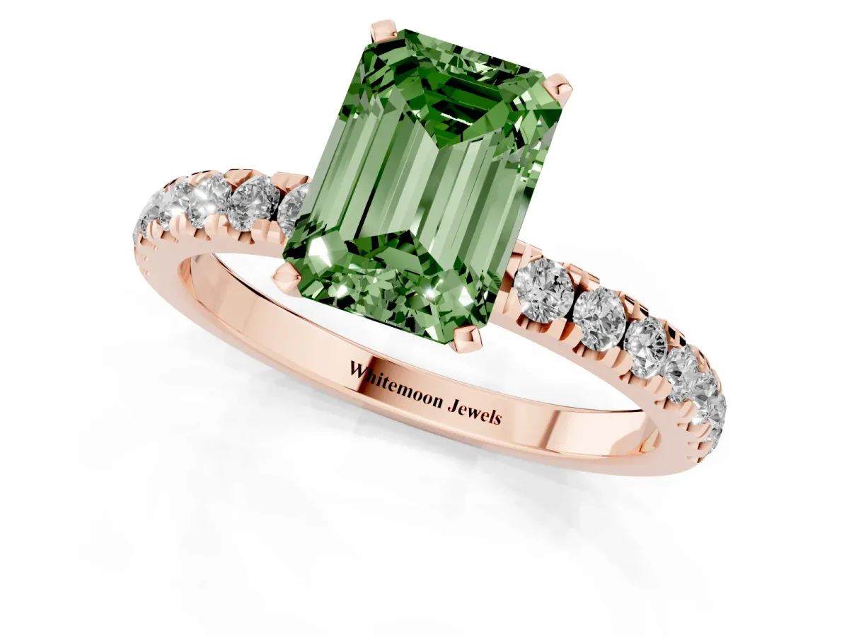 Fancy Green Emerald Cut Diamond Solitaire Ring with Pavé Accents and Four-Prong Setting Rose gold