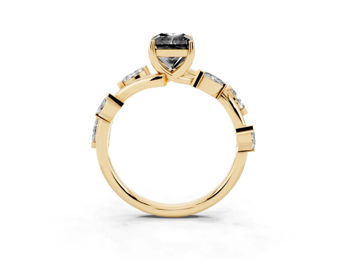 Fancy Black Radiant Cut Solitaire Twisted Band Marquise Accent Prong Setting Ring Yellow gold
