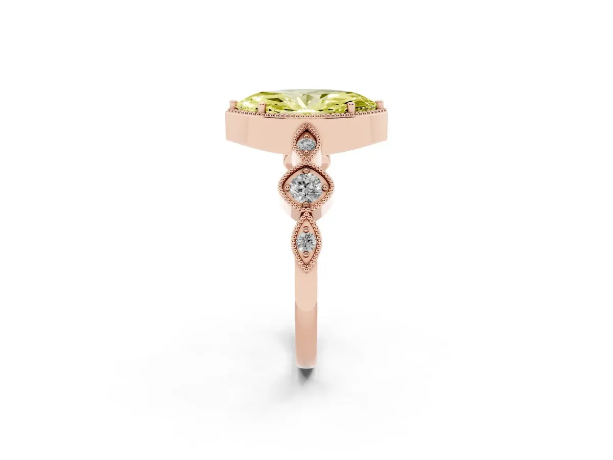 Fancy Yellow Marquise Cut Diamond Vintage Milgrain Ring with Round Stations Rose gold