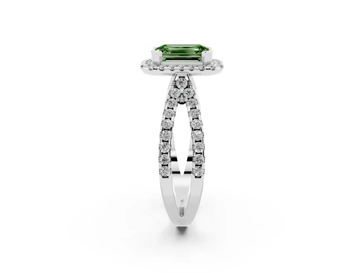 Fancy Green Emerald Cut Diamond Halo Ring with Split Shank Pavé Band and Prong Setting Silver