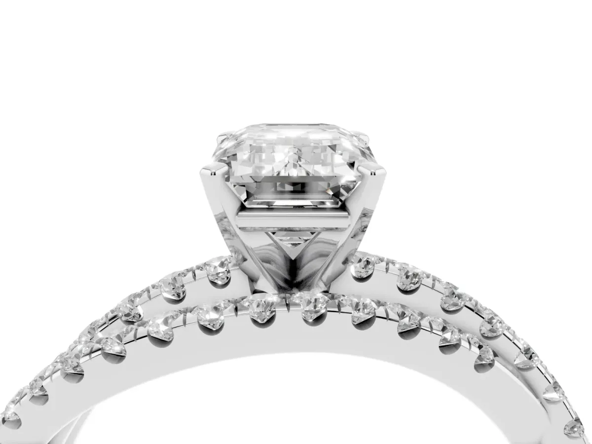 Emerald Cut Solitaire Twist Band with Pavé Setting and Four-Prong Setting Silver