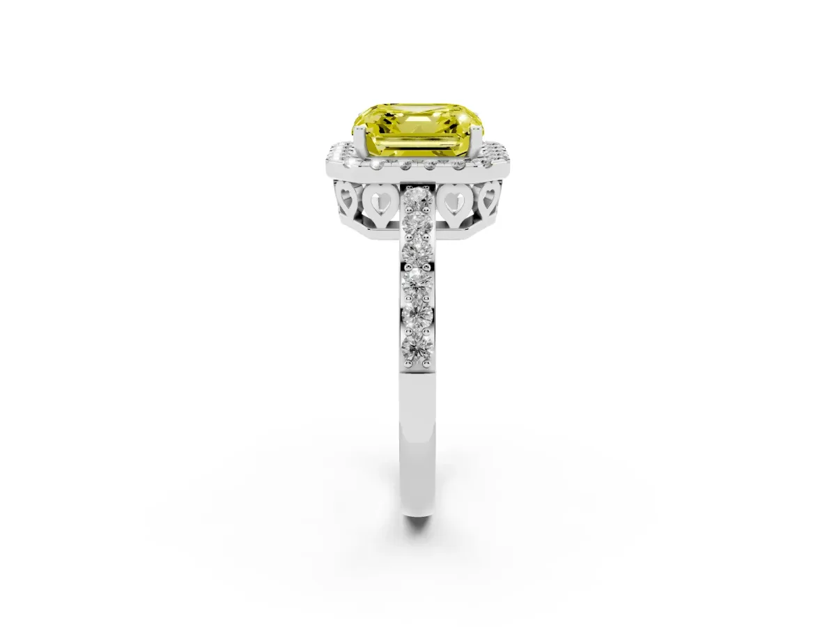 Fancy Yellow Asscher Cut Halo Diamond Pavé Band Ring with Prong Setting Silver