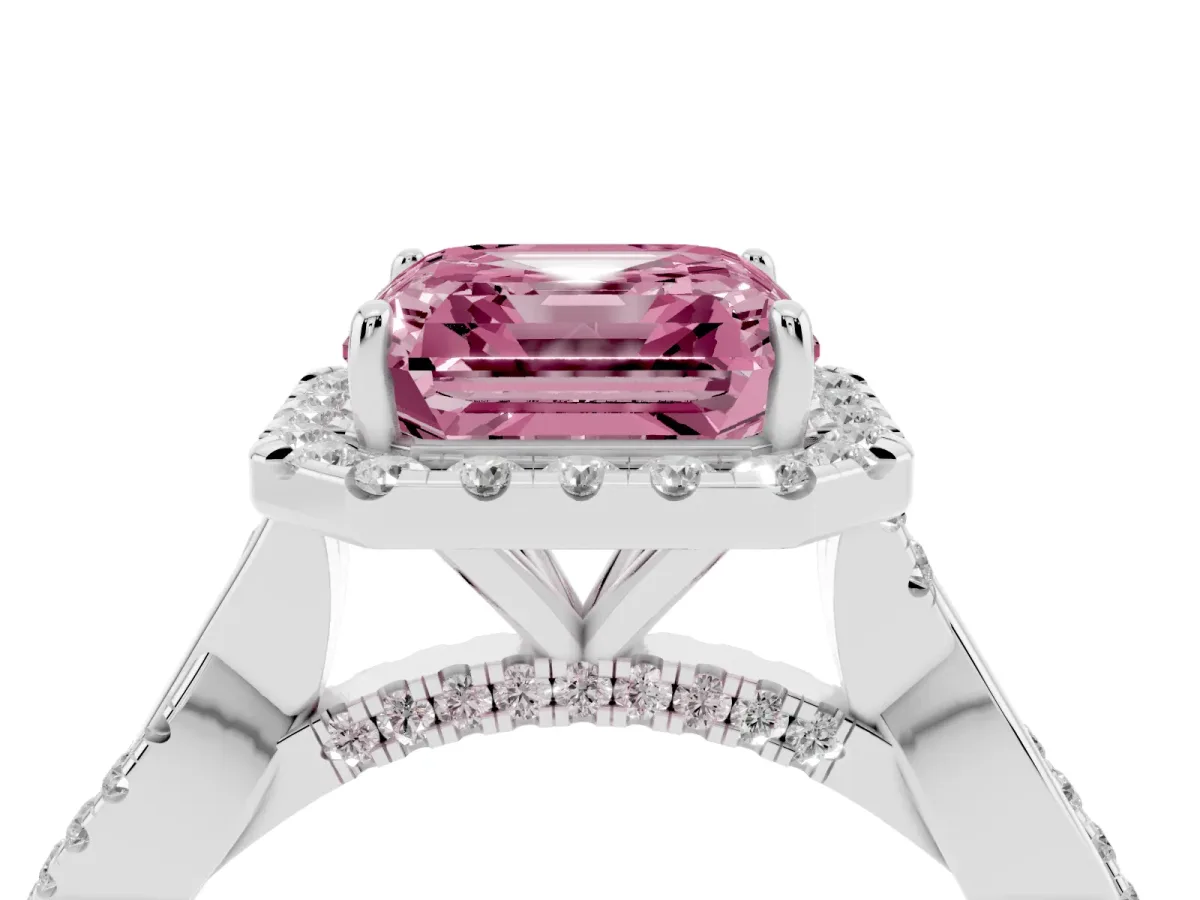 Fancy Pink Asscher Cut Halo Twist Band Solitaire Ring Silver