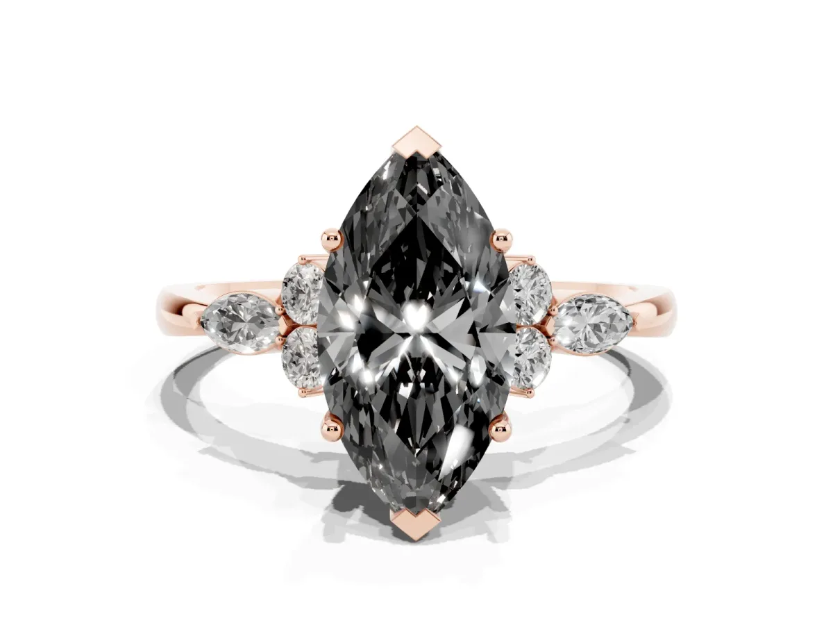Fancy Black Marquise Cut Brilliant Diamond Solitaire Ring with Pear Side Stones and Four-Prong Setting Rose gold