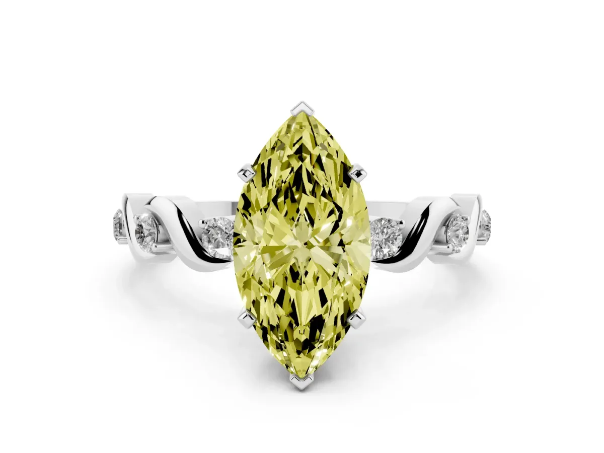 Fancy Yellow Marquise Cut Diamond Solitaire Twisted Band with Round Accents and Prong Setting White gold