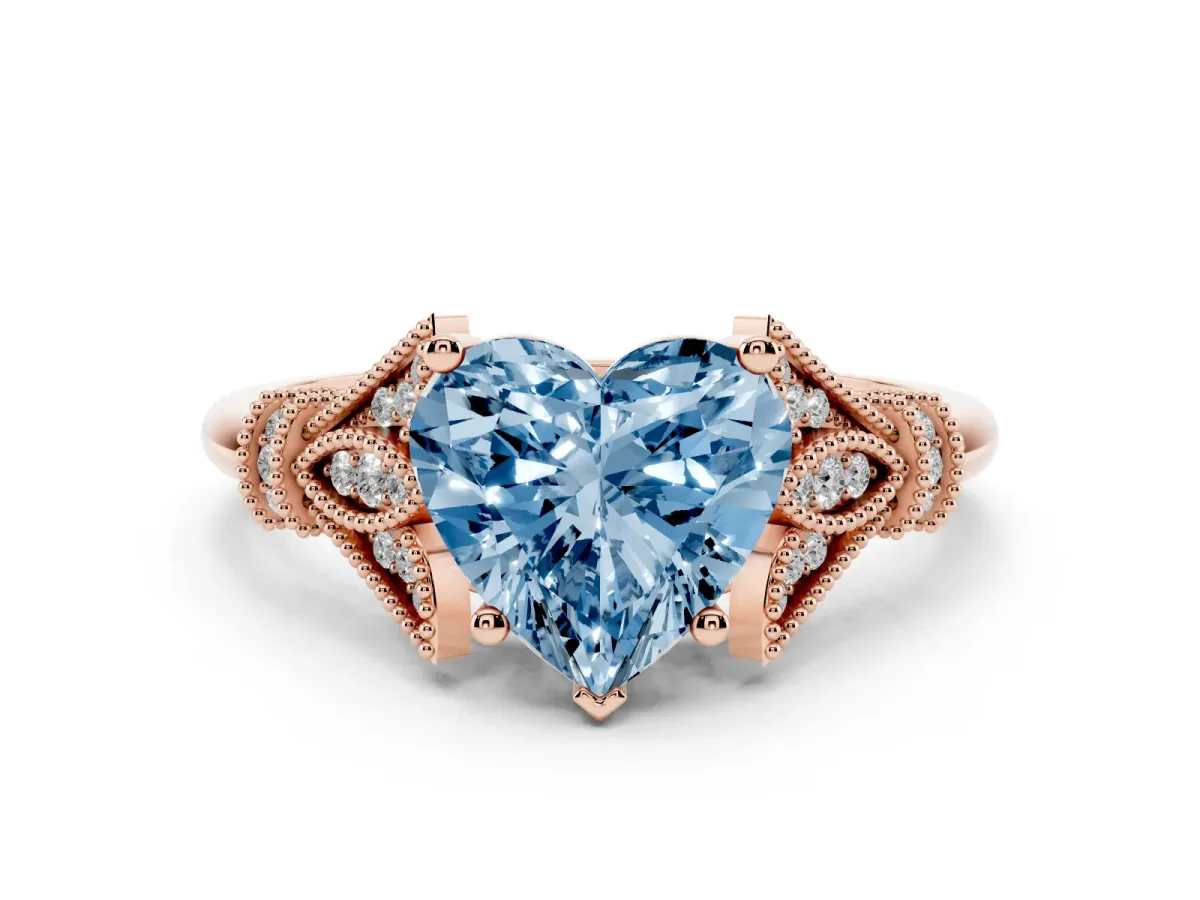 Fancy Blue Heart Cut Diamond Solitaire Ring with Floral Filigree and Pave Accents Rose gold