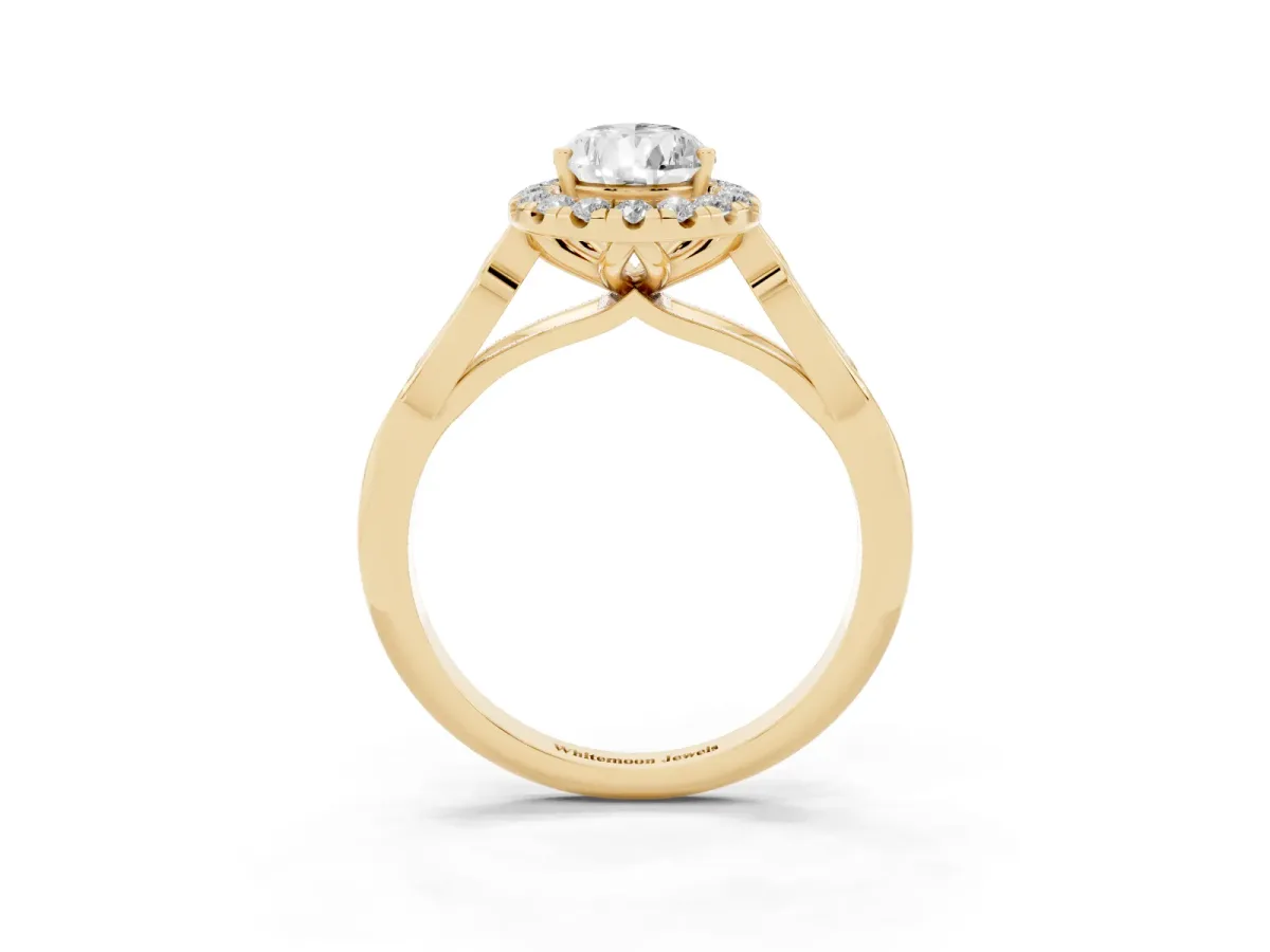 Pear Cut Halo Diamond Engagement Ring with Filigree Band and Four-Prong Setting Yellow gold