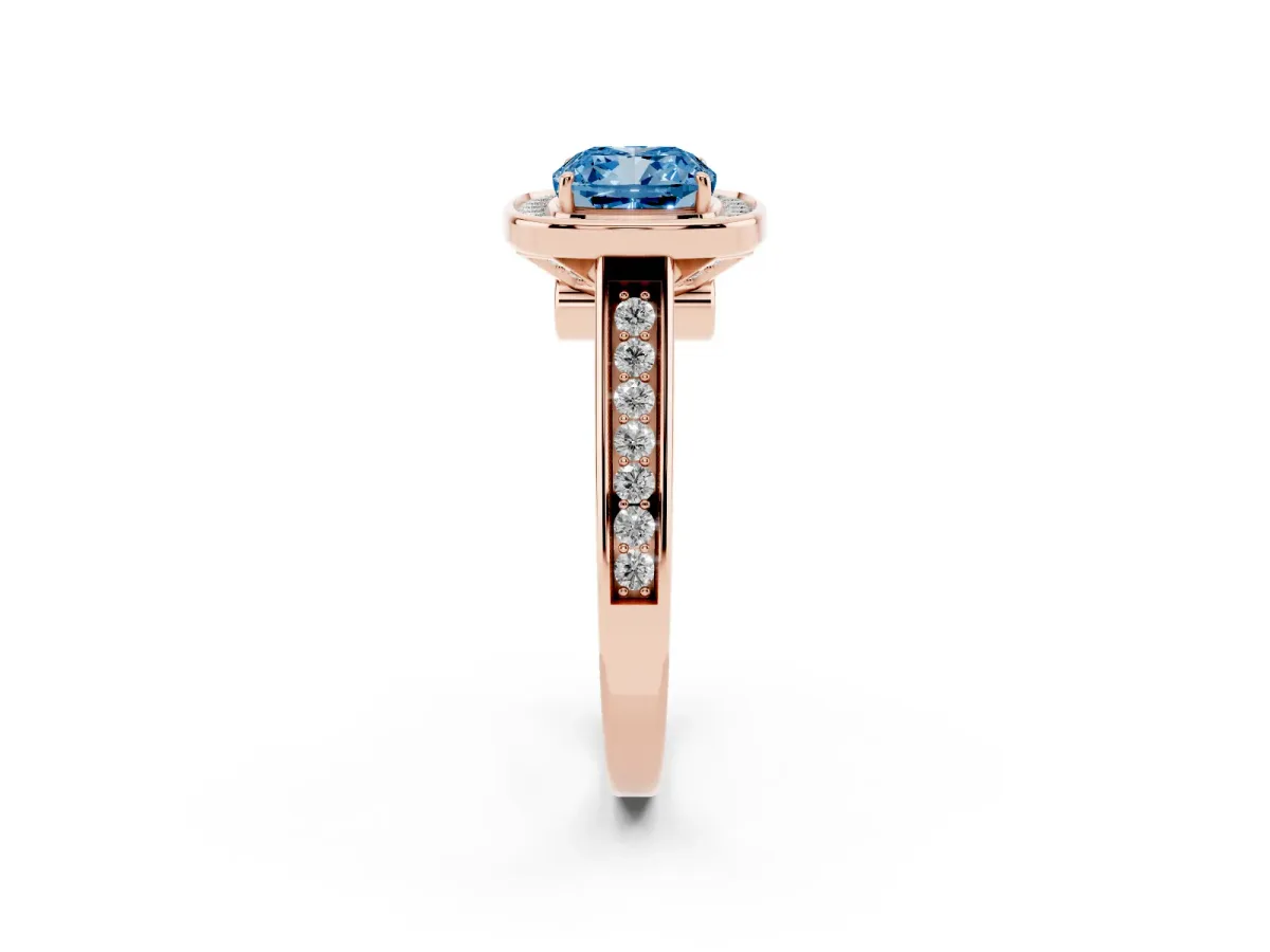 Fancy Blue Cushion Cut Halo Solitaire Diamond Ring with Pave Band and Bezel Setting Rose gold