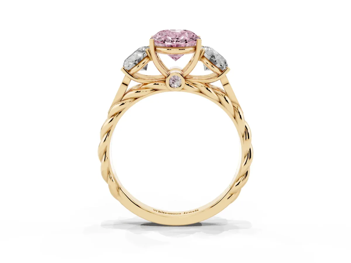 Fancy Pink Three-Stone Oval Cut Diamond Braided Band Ring with Four-Prong Setting Yellow gold