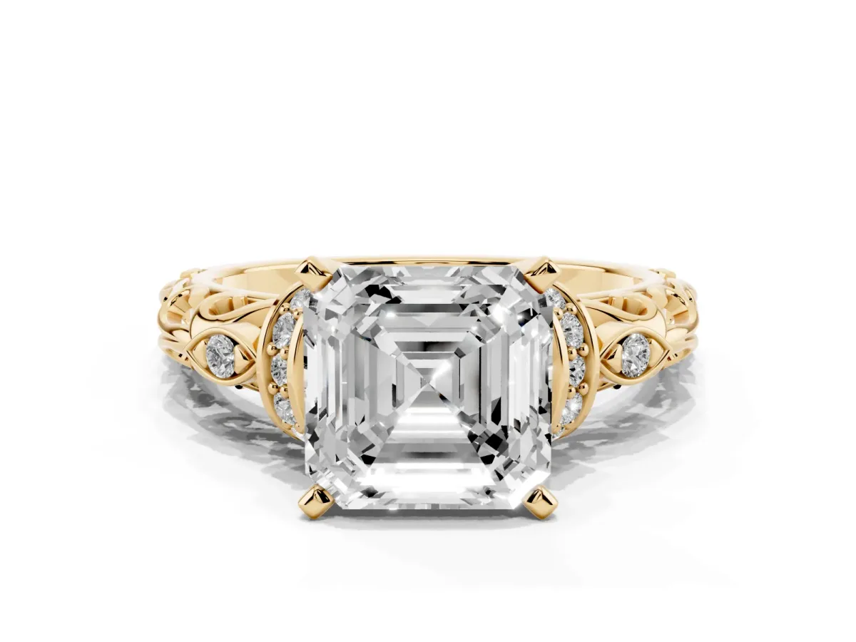 Asscher Cut Diamond Solitaire Ring with Filigree Band and Four-Prong Setting Yellow gold