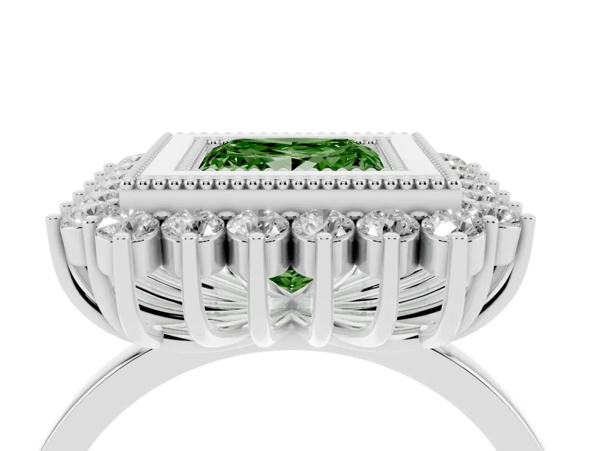 Fancy Green Princess Cut Halo Diamond Ring with Milgrain Edge and Round Prong Setting Silver