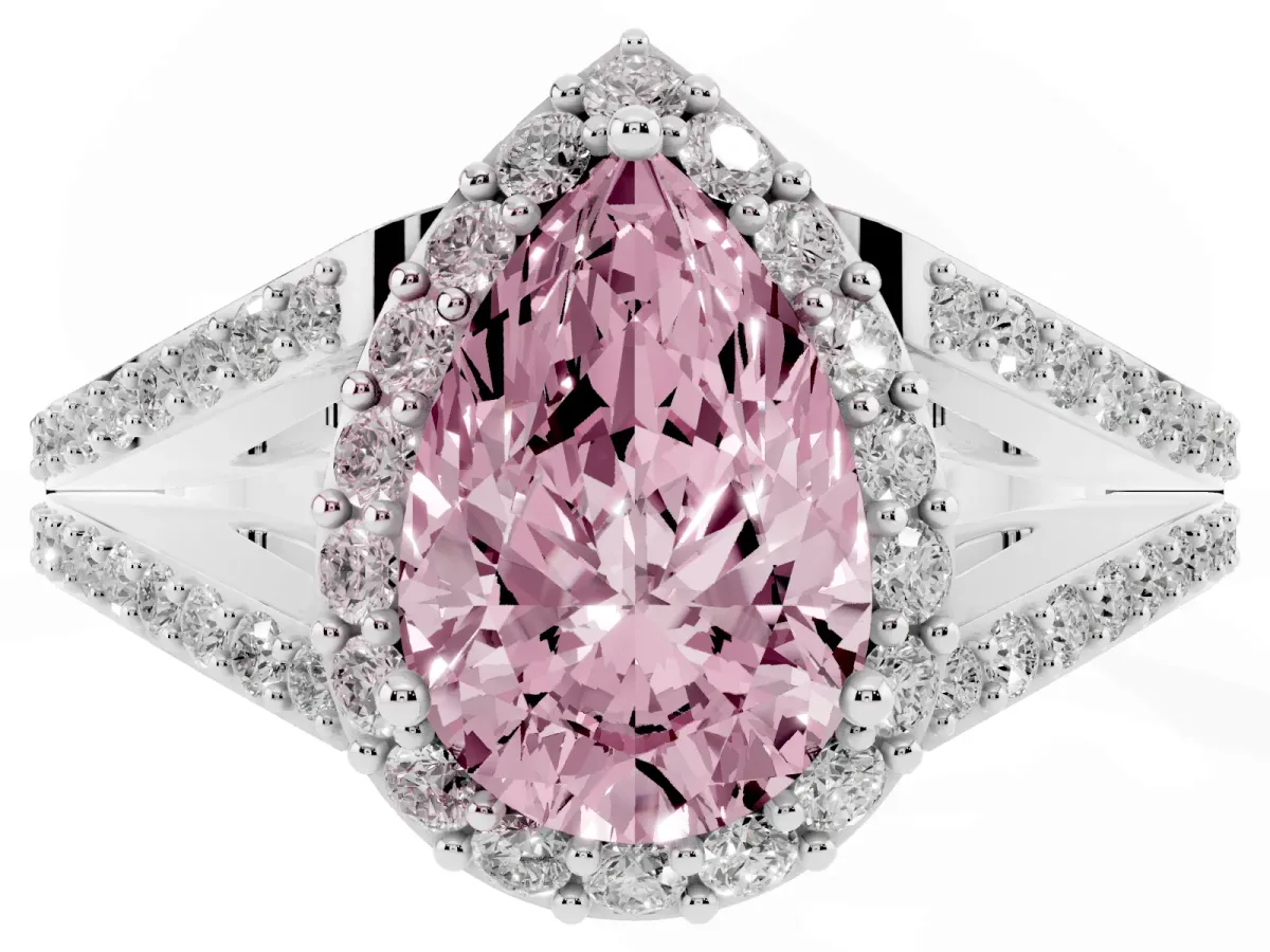 Fancy Pink Pear Cut Halo Split Shank Pave Diamond Ring with Four-Prong Setting Platinum