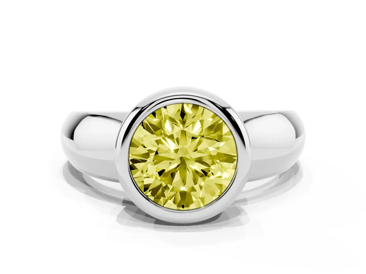 Fancy Yellow Bezel Set Round Cut Solitaire Ring with Wide Band Platinum