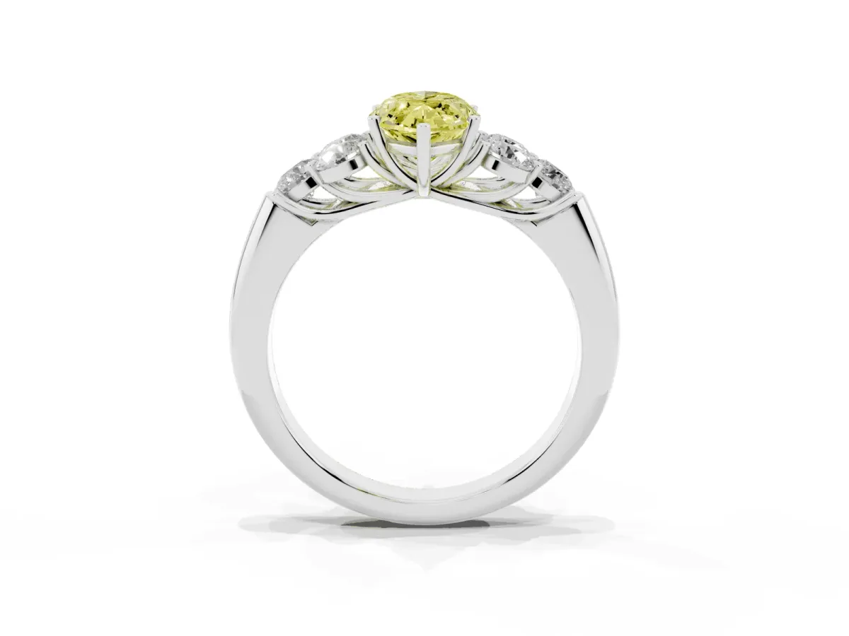 Fancy Yellow Marquise Cut Cut Diamond Cluster Ring with Round Accent Stones and Prong Setting on a Classic Band Silver