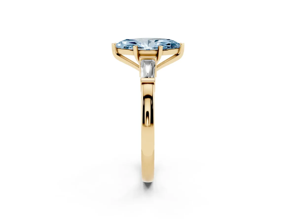 Fancy Blue Marquise Cut Cut Diamond Solitaire Ring with Tapered Baguette Accents and Four-Prong Setting Yellow gold