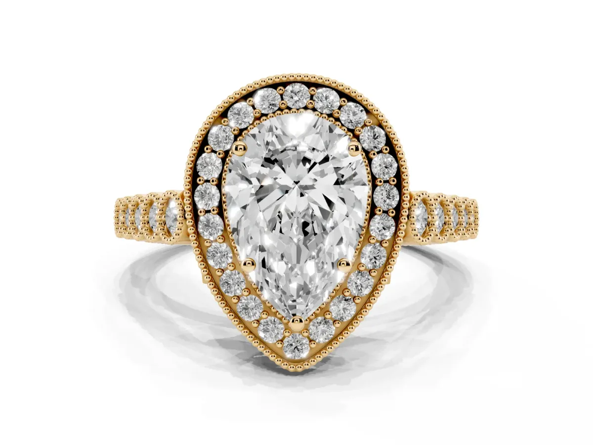 Pear Cut Halo Milgrain Solitaire with Bezel Set Side Stones and Pave Band Yellow gold