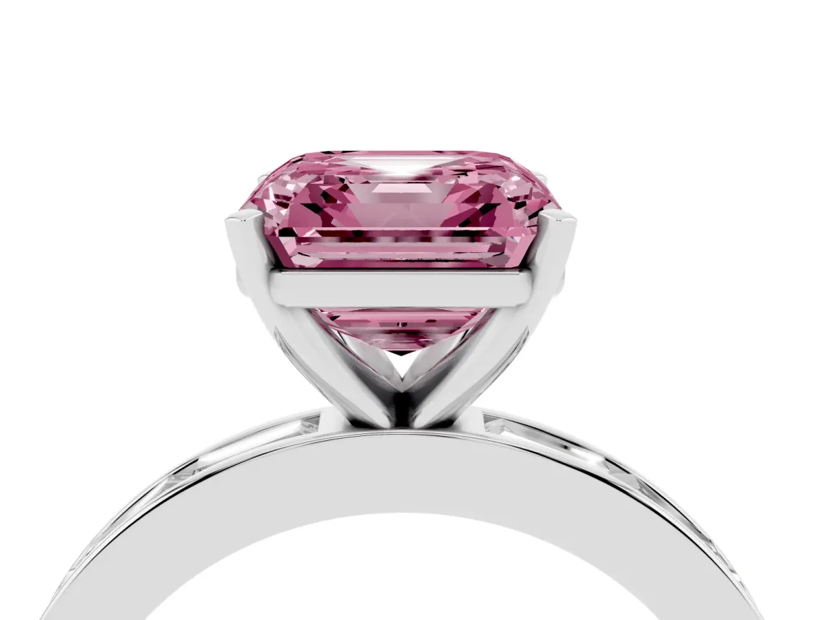 Fancy Pink Asscher Cut Solitaire Diamond Ring with Channel-Set Baguette Band and Four-Prong Setting White gold