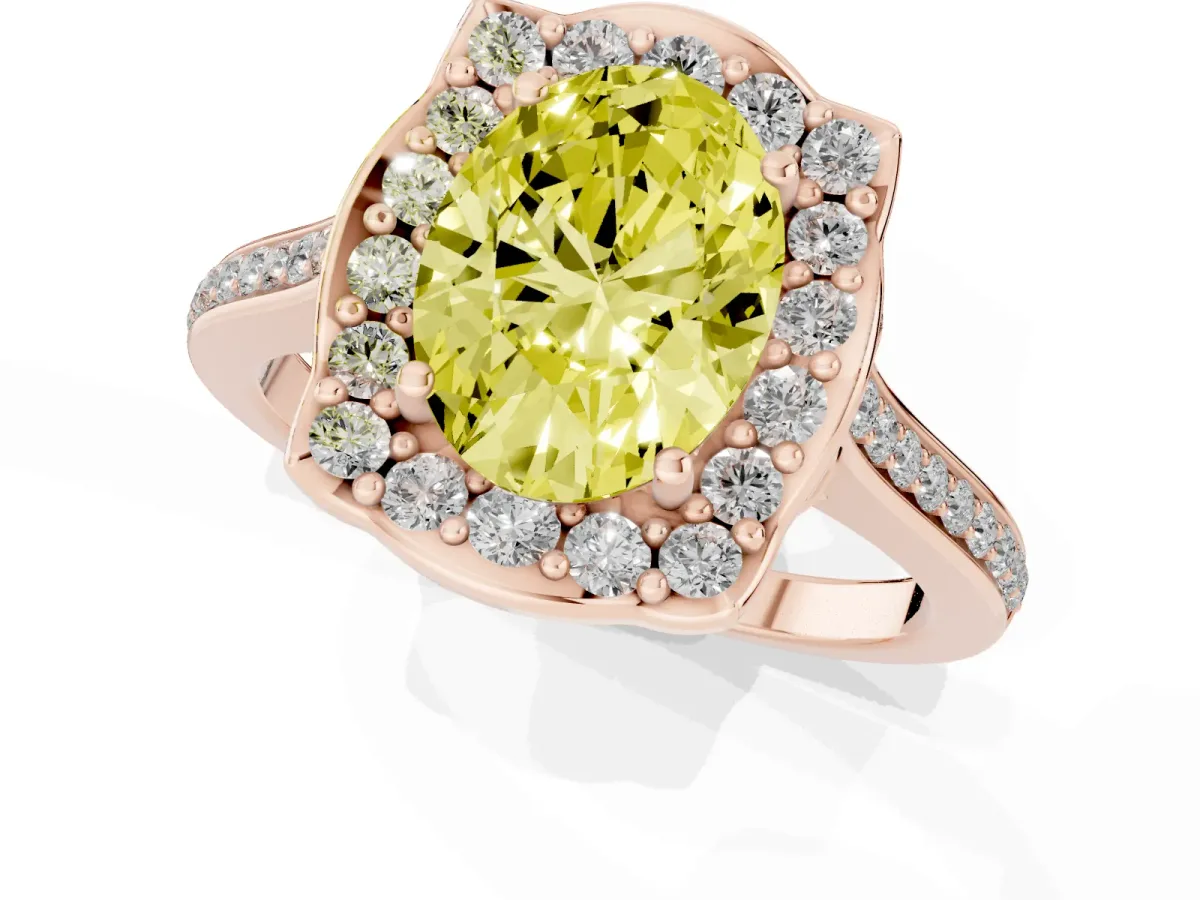 Fancy Yellow Oval Cut Halo Round Diamond Pave Band with Four-Prong Setting Rose gold