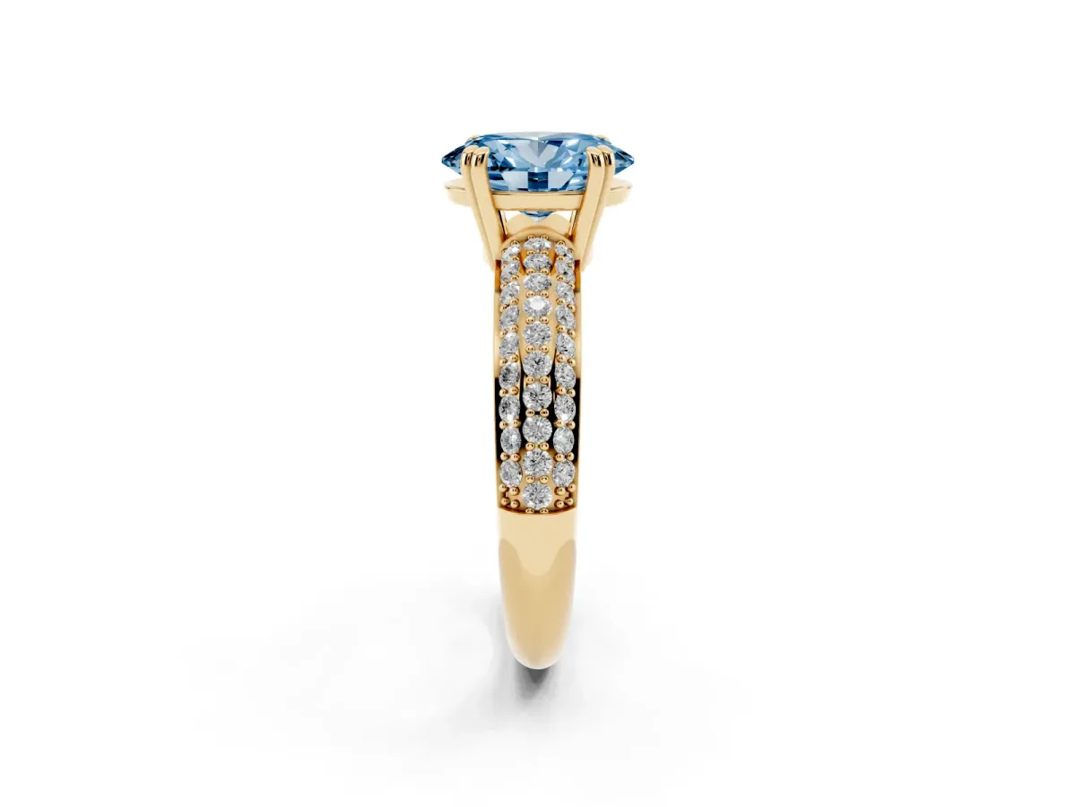Fancy Blue Oval Cut Diamond Solitaire Ring with Multi-Row Round Pavé Band and Prong Setting Yellow gold