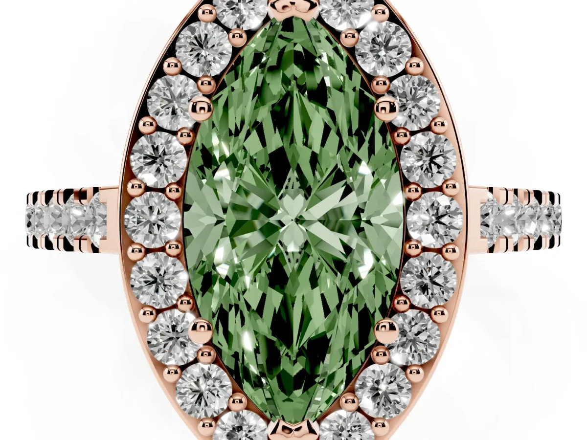Fancy Green Marquise Cut Diamond Halo Ring with Round Pavé Split Shank and Prong Setting Rose gold