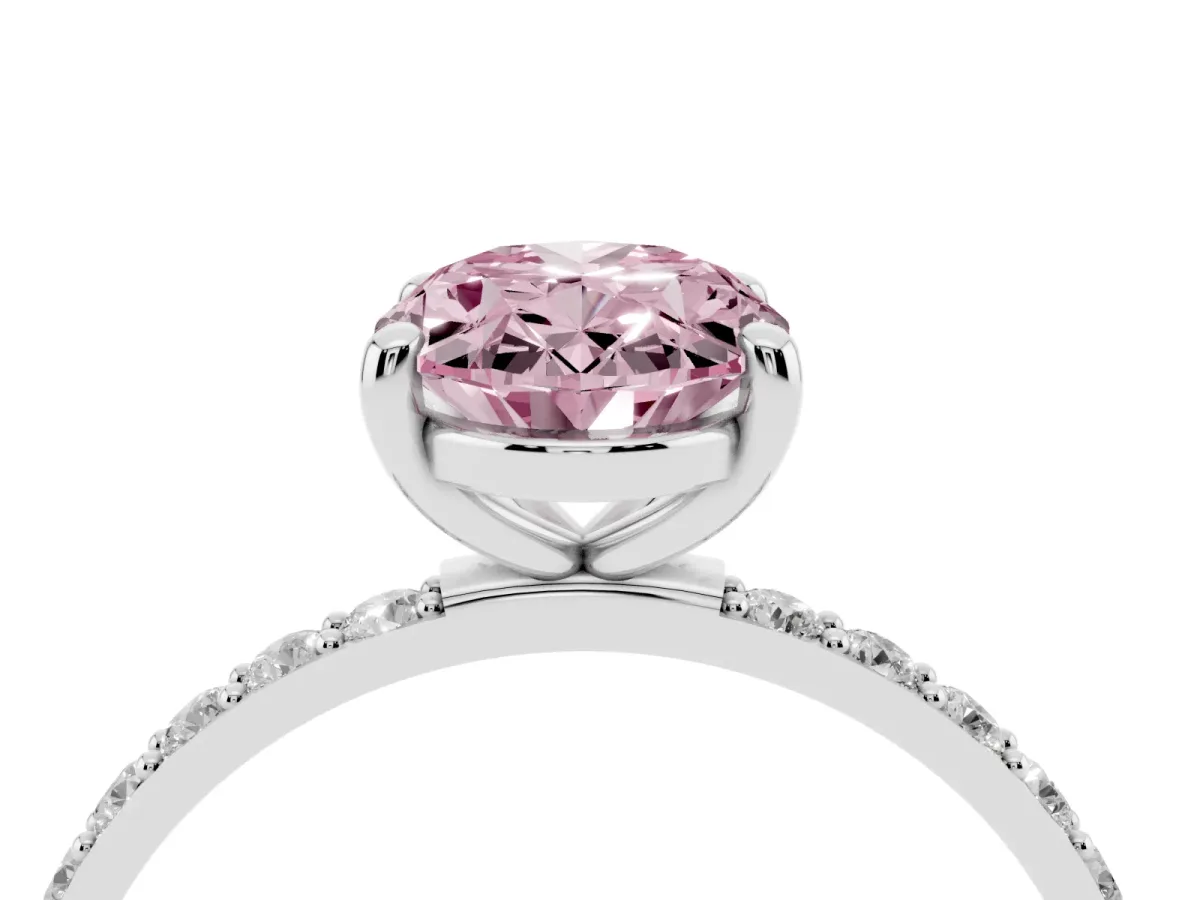 Fancy Pink Oval Cut Diamond Solitaire Ring with Round Pavé Band and Prong Setting Silver