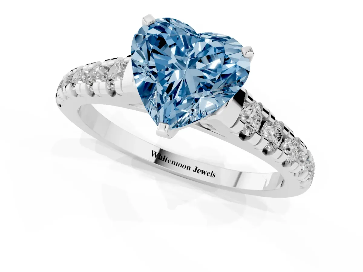Fancy Blue Heart Cut Diamond Cathedral Solitaire Ring with Round Pavé Band Silver