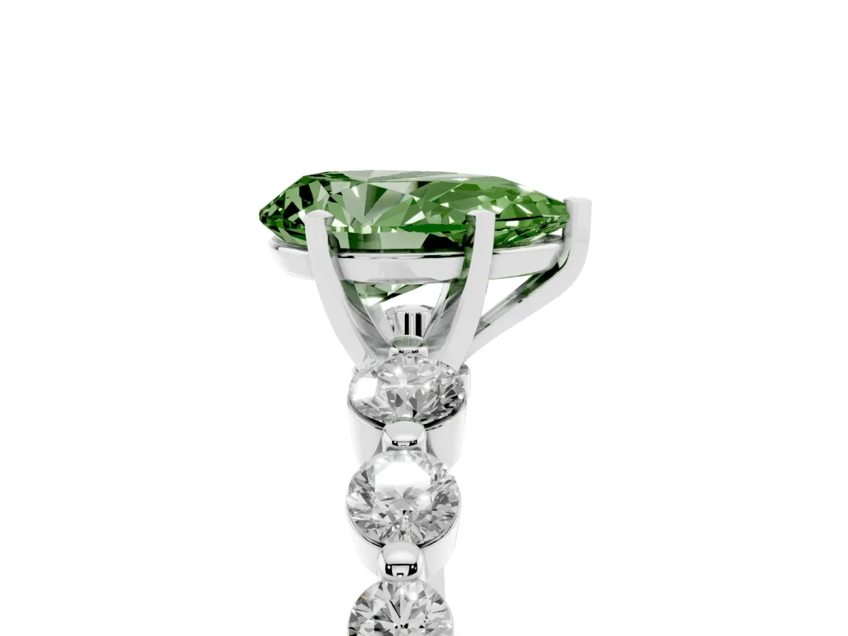 Fancy Green Pear Cut Solitaire Diamond Ring with Pave Band and Four-Prong Setting Silver